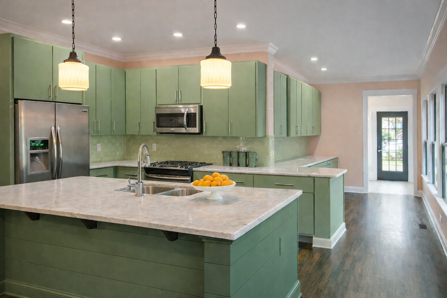 Green painted kitchen cabinets with marble countertops