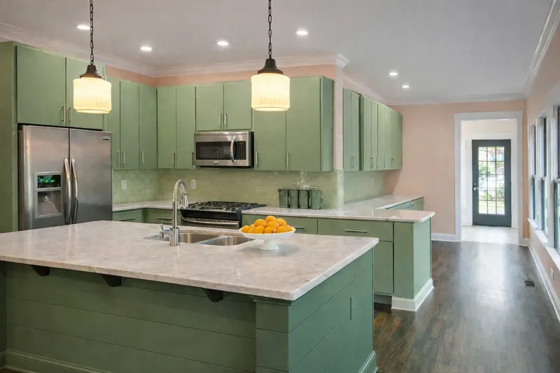 Green painted kitchen cabinets